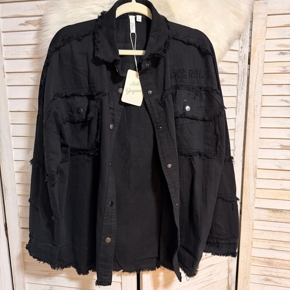 Elan Tops - Elan Black Rhinestone Frayed Button-Up Jacket